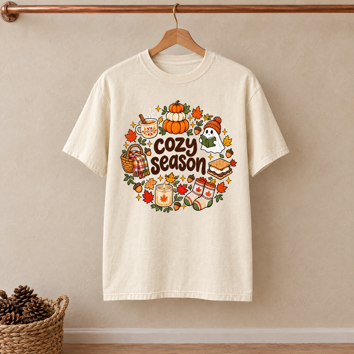 Cozy Season Comfort Colors shirt in Natural Ivory on a wooden hanger