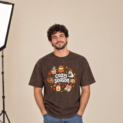 Man wearing Espresso Comfort Colors Cozy Season shirt in a photo studio
