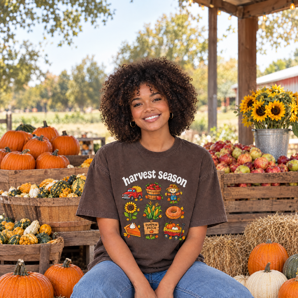 Woman wearing Espresso Comfort Colors Harvest Season shirt at a farmers market pumpkin stand