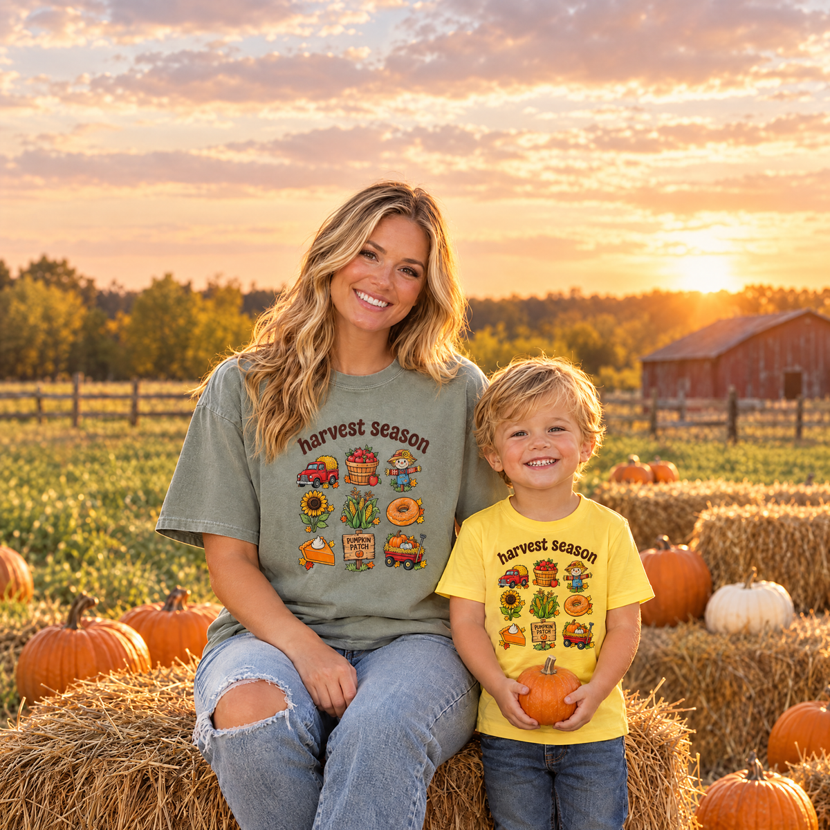 Mom in a Sage Comfort Colors Harvest Season shirt and toddler in a Yellow toddler Harvest Season tee on a farm with pumpkins