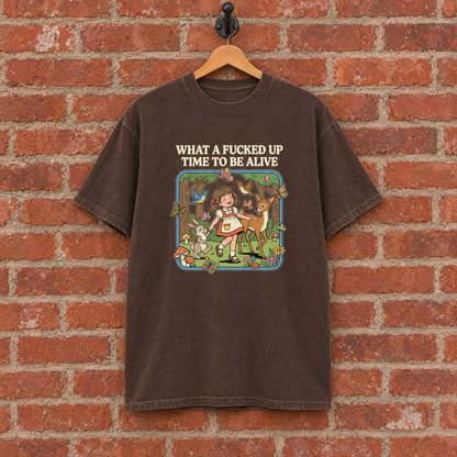 What a Time to Be Alive Comfort Colors shirt in Espresso on a hanger against a brick wall