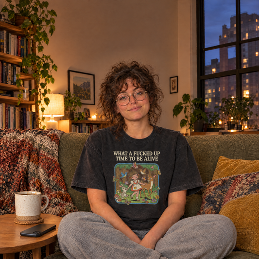 Woman wearing Black Comfort Colors What a Time to Be Alive dark humor shirt on the couch with coffee