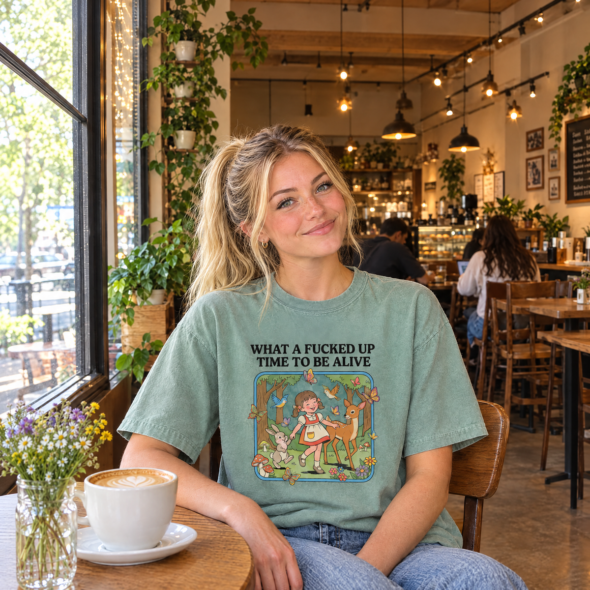 Woman wearing Light Green Comfort Colors What a Time to Be Alive shirt in a coffee shop