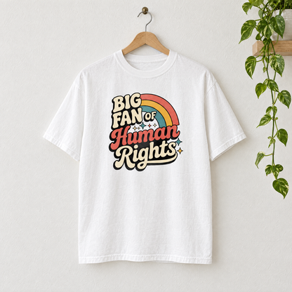 Big Fan of Human Rights retro rainbow Comfort Colors shirt in White on a wooden hanger