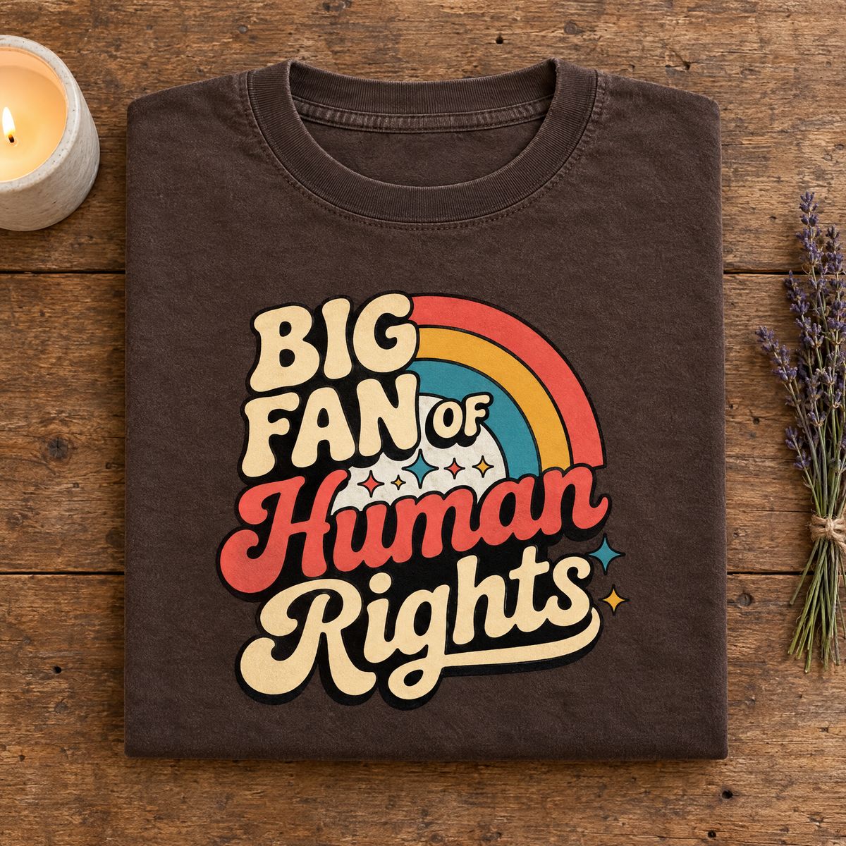 Human rights retro rainbow tee in Espresso, folded with a candle and lavender