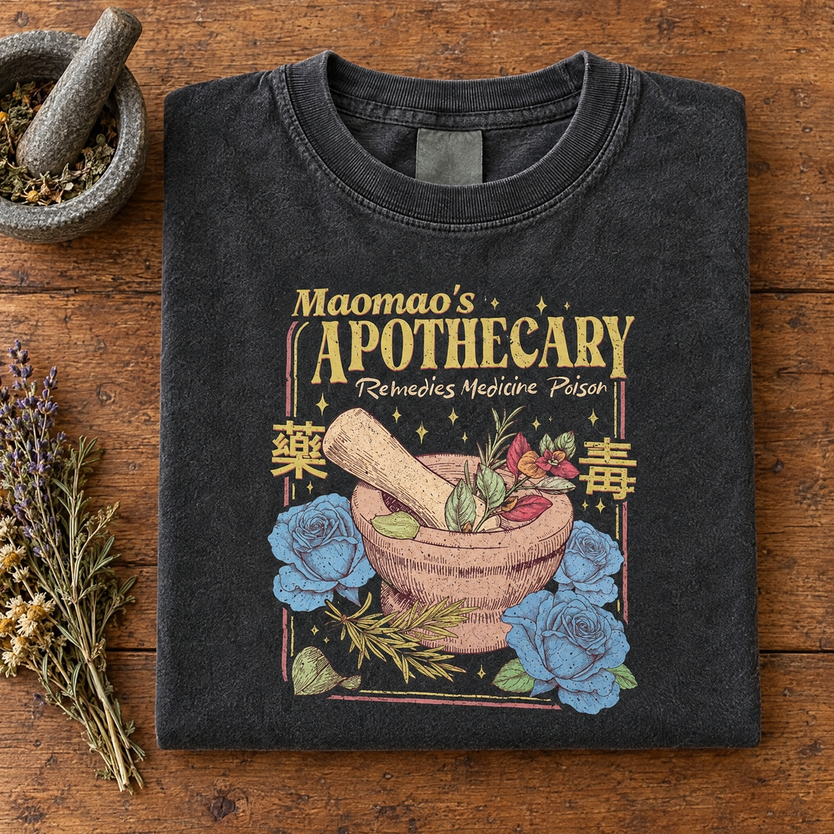 Kawaii anime apothecary tee in Pepper, folded with a mortar and pestle and dried herbs