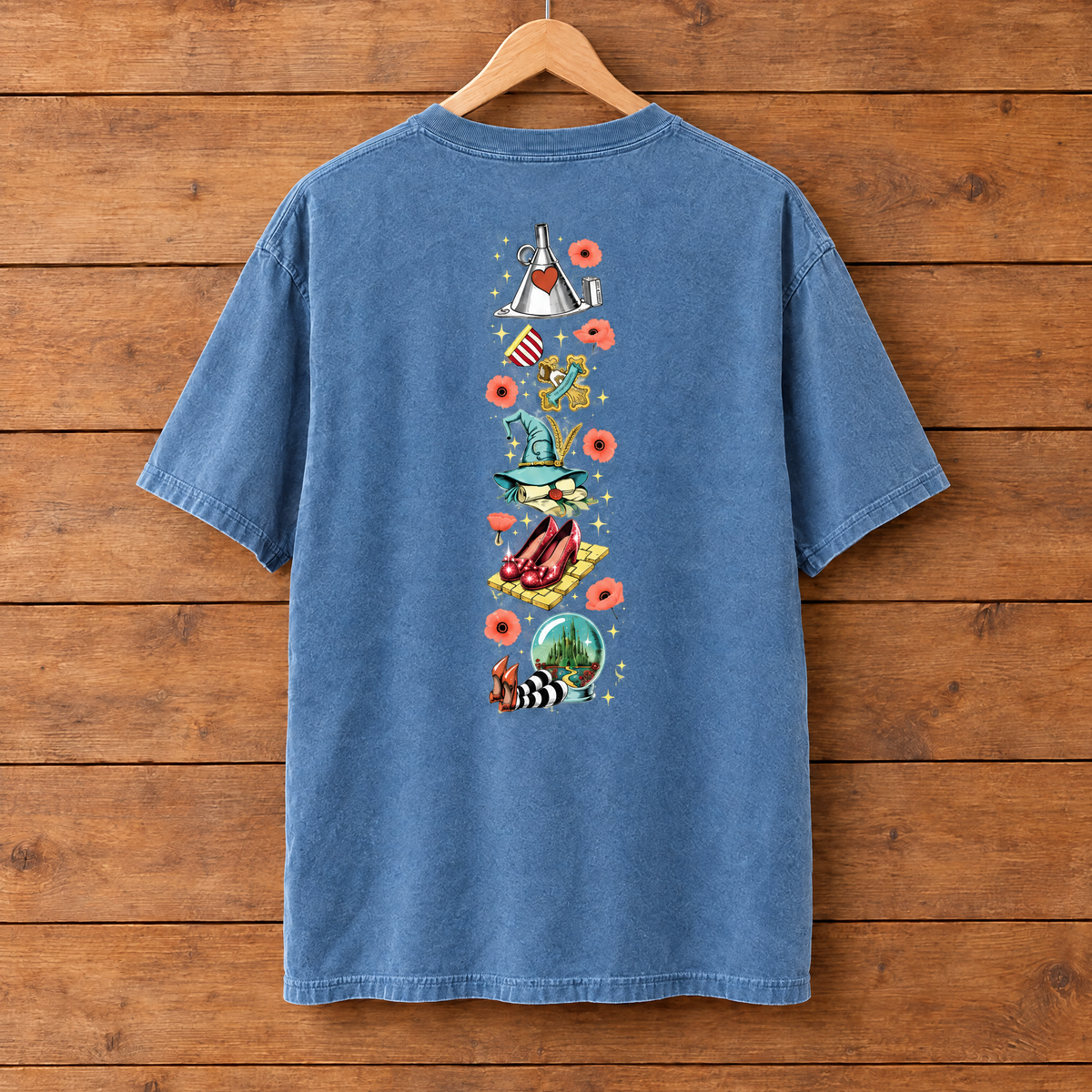 Back print of the Las Vegas Comfort Colors shirt in Blue Jean on a wooden hanger
