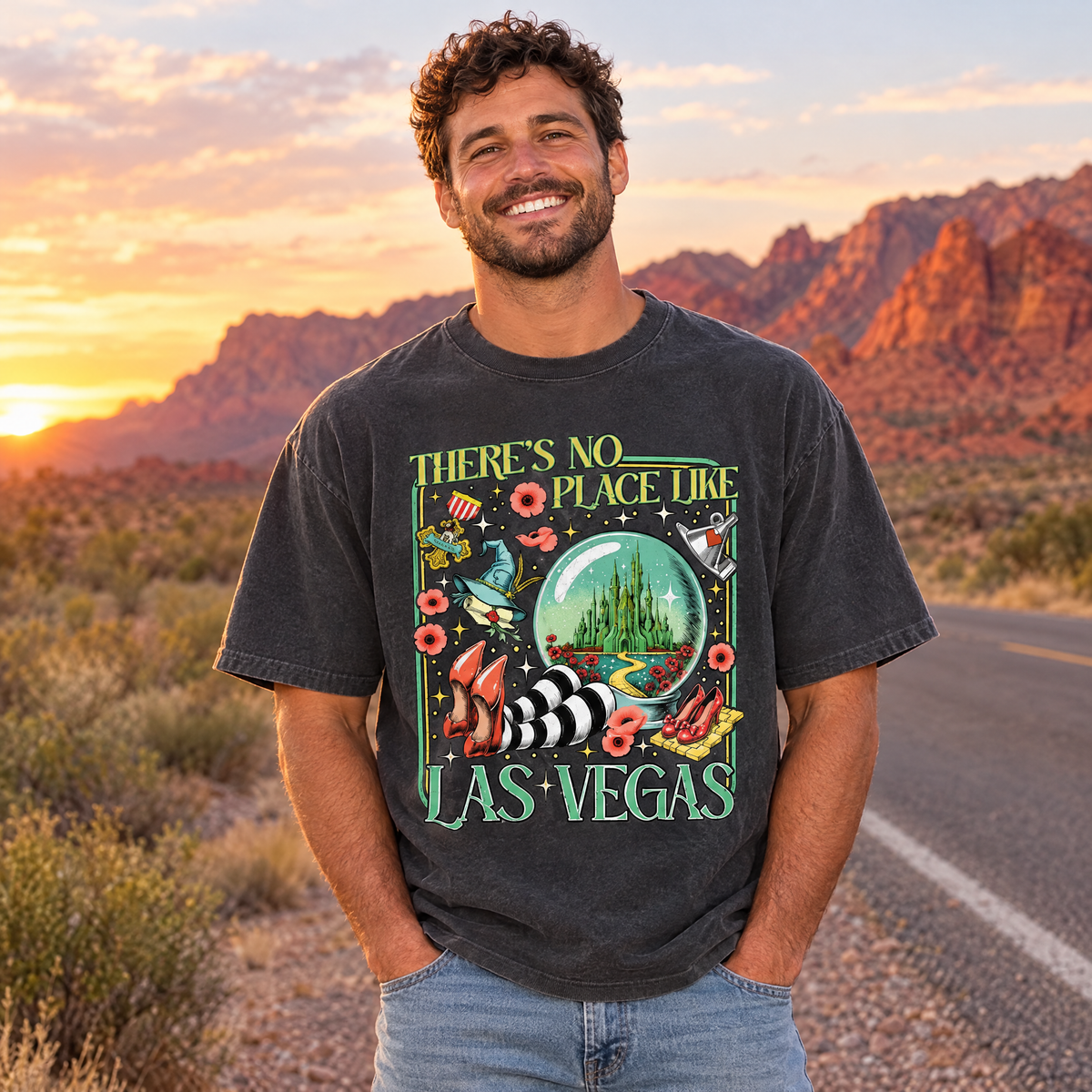 Man wearing Pepper Comfort Colors There's No Place Like Las Vegas shirt on a desert road at sunset