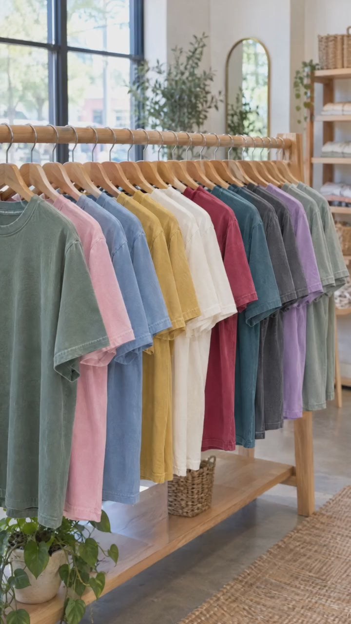 Cozy Season Comfort Colors shirt video: color rack and try-on by a woman and a man