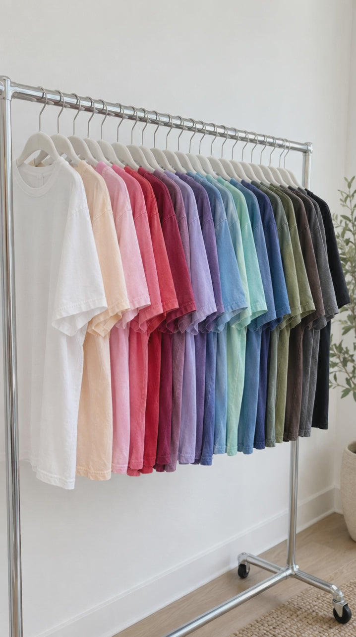 Comfort Colors t-shirts in many colors on a rack and folded in a stack