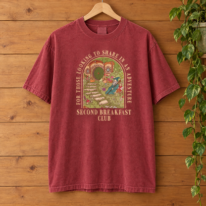 Second Breakfast Club Comfort Colors shirt in Crimson on a wooden hanger