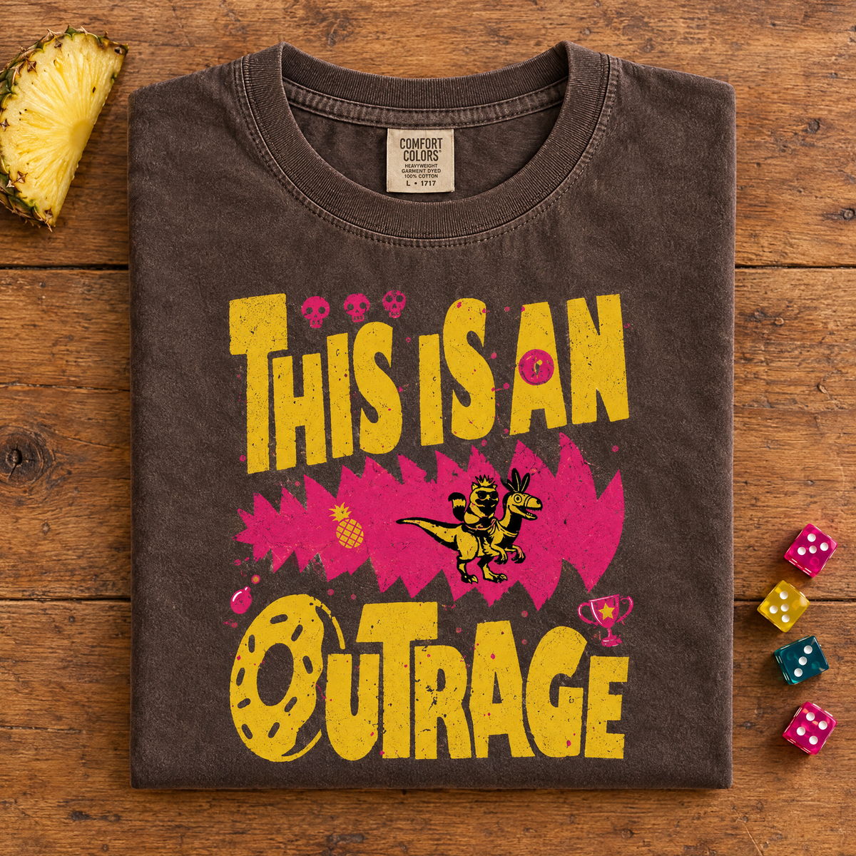 Fantasy reader tee in Espresso, folded with pineapple and dice