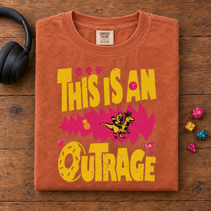 Funny bookish tee in Yam, folded with headphones and dice